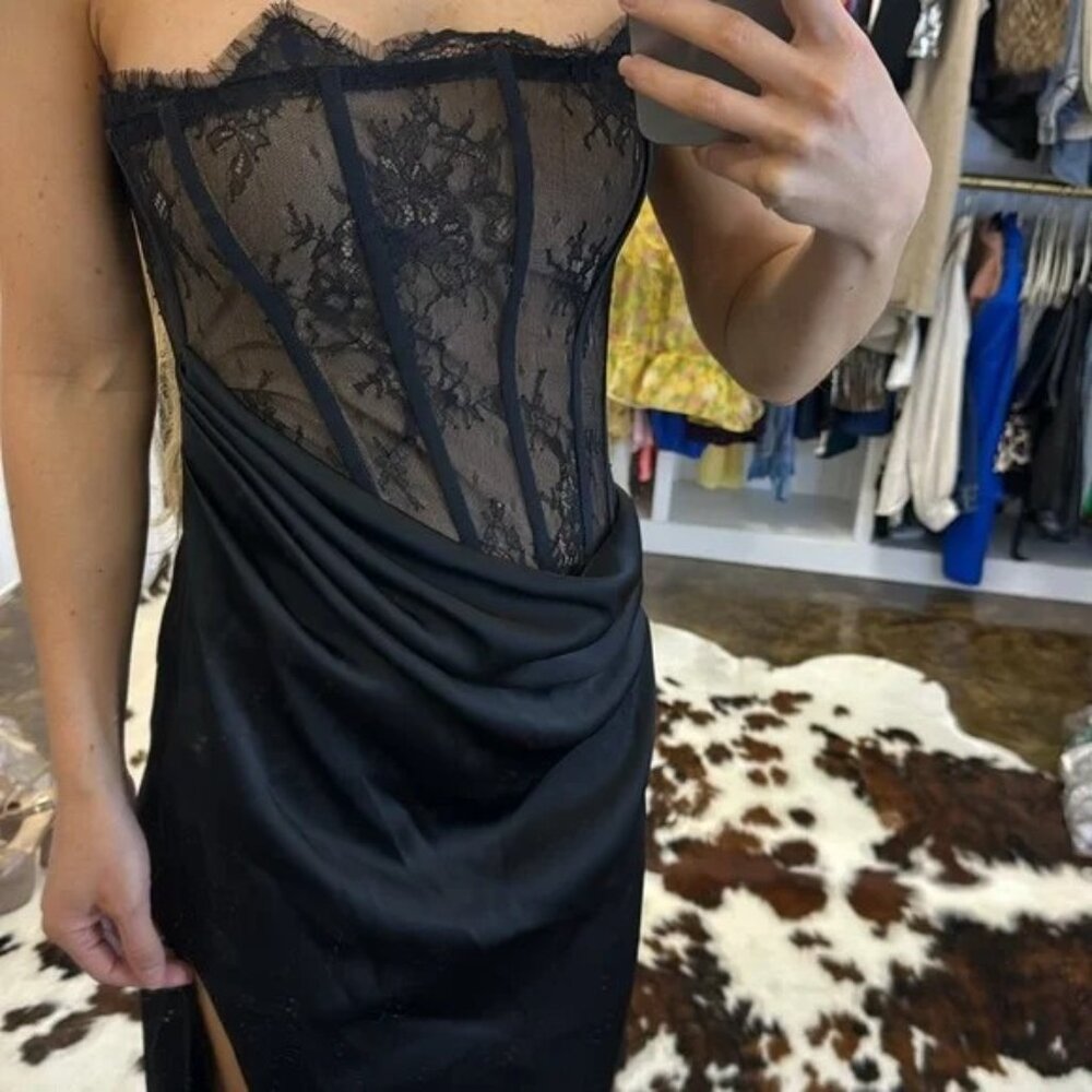 REVOLVE Black Strapless Lace Corset Column Gown with Side Slit - Picture 4 of 4